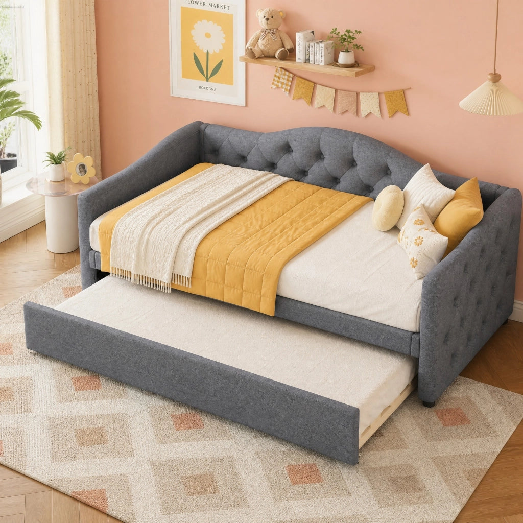 Letto singolo con letto estraibile 90 × 200 cm in lino e mdf grigio con rete a doghe e 12 listelli