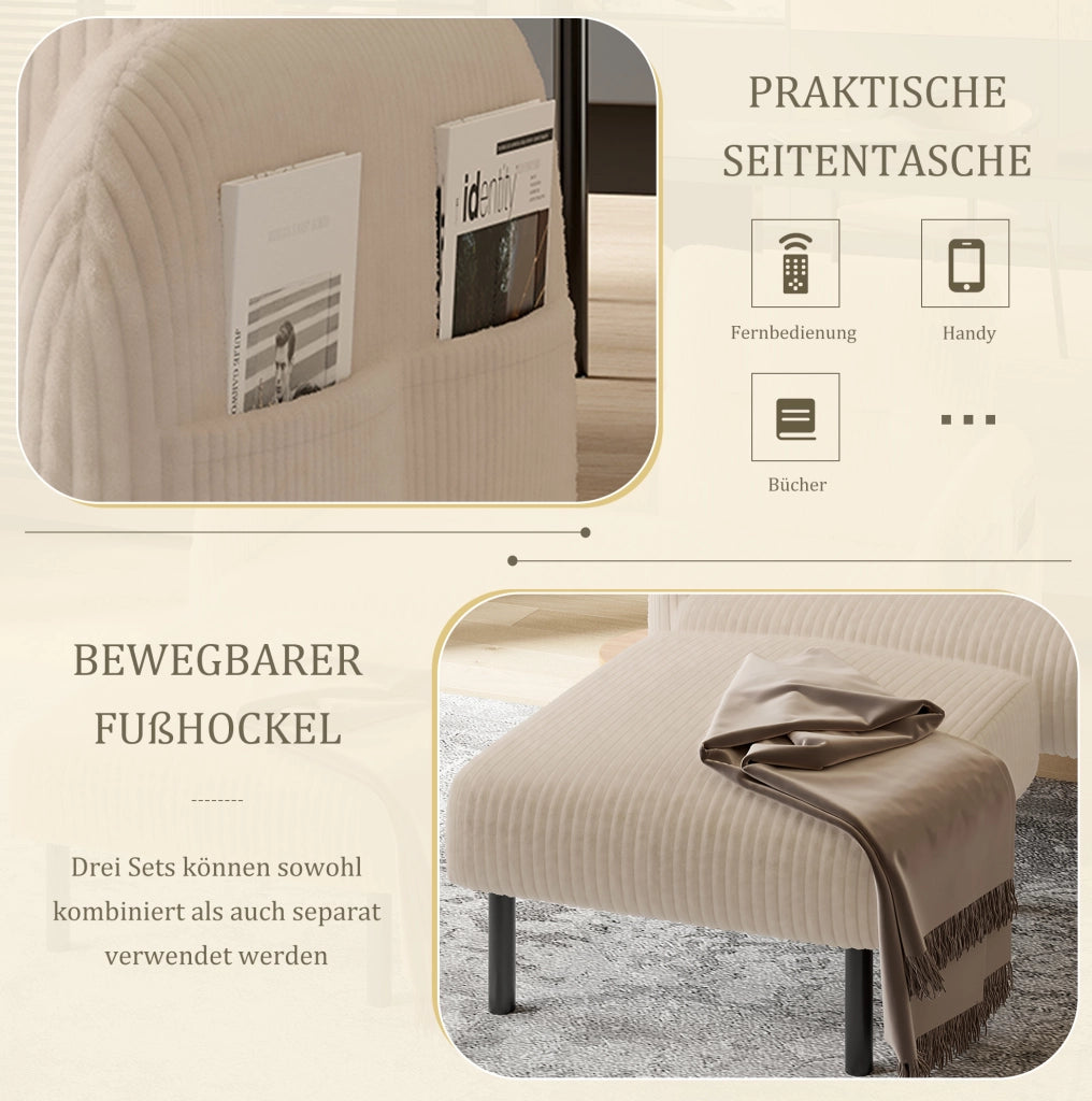 Divano 2 posti 120x75x79 cm in velluto a coste beige con tasca laterale