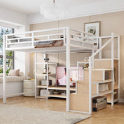 Letto a soppalco 140x200 cm bianco con supporto TV, presa e scala contenitore