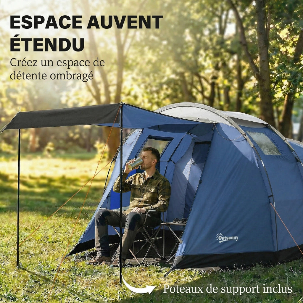 Tenda da Campeggio a Tunnel per 4 Persone Impermeabile 3000mm a Doppio Strato Altezza 190cm in Poliestere Blu Scuro con Veranda per Outdoor