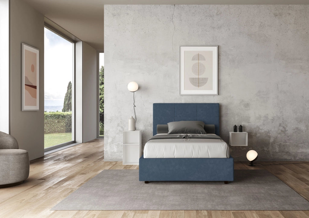 BS COM Letto una piazza e mezza senza rete imbottito 120x200 microfibra blu