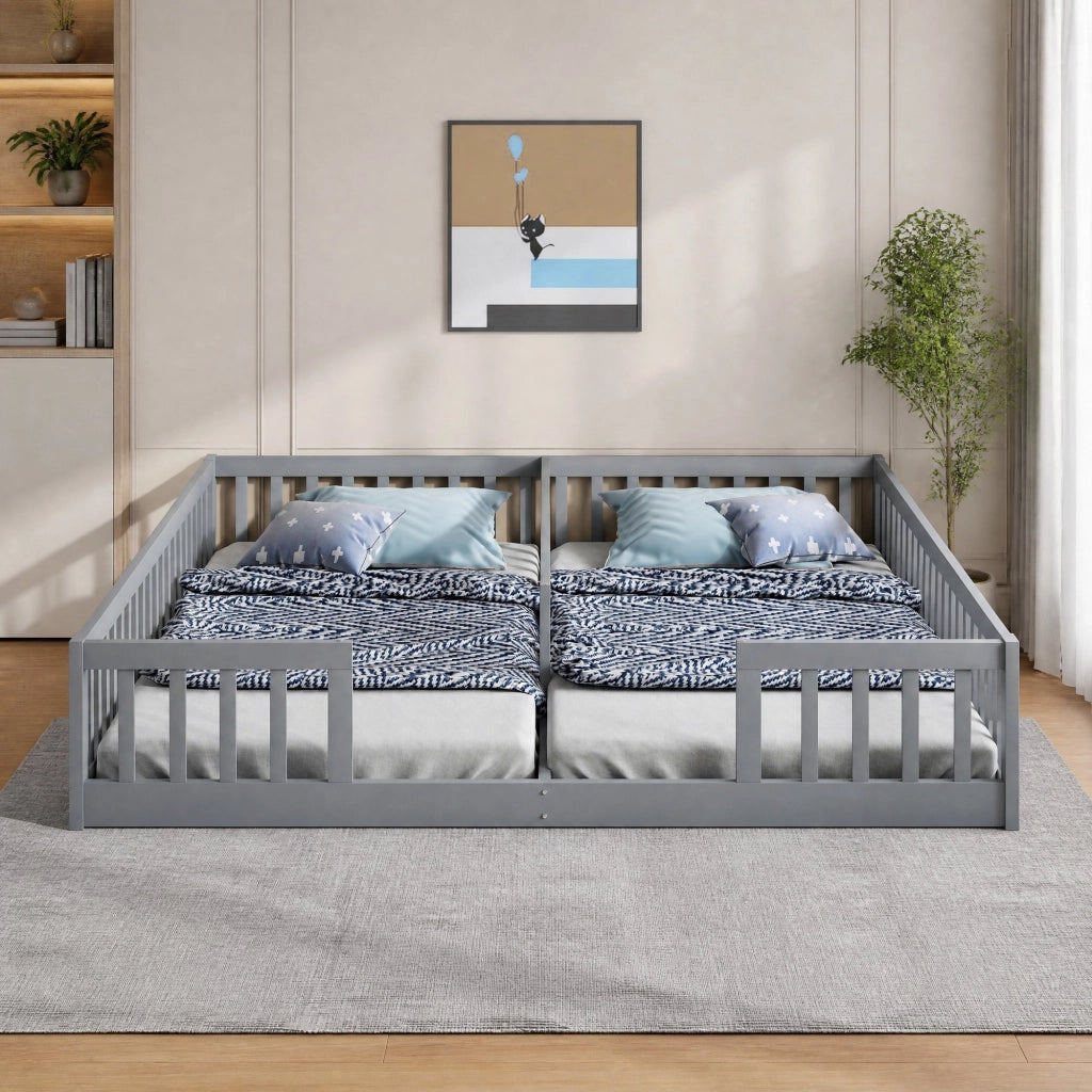 Letto a pavimento per bambini con due superfici 90 × 200 cm; barriera di protezione; legno e MDF grigio