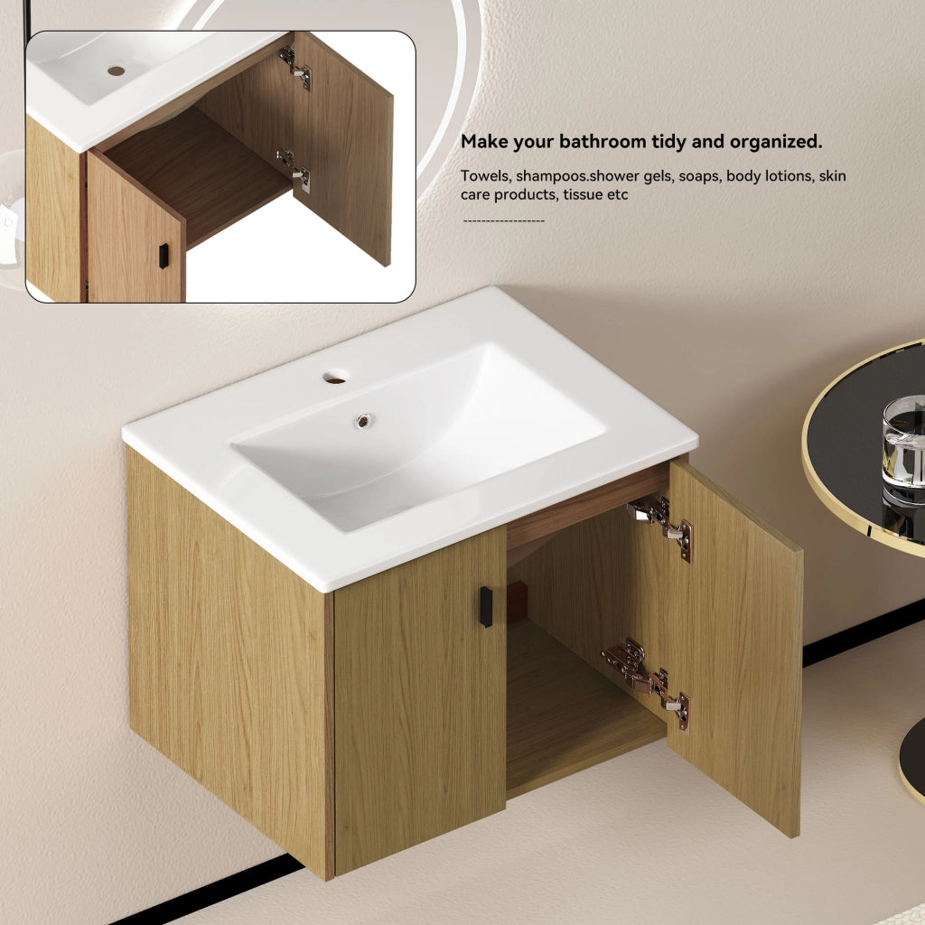 Mobile bagno 60 cm rovere chiaro, ampio spazio contenitivo con 2 ante a chiusura morbida