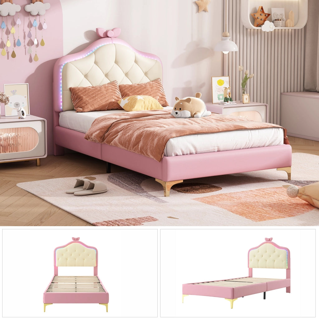 Letto singolo 90 × 200 cm con testiera imbottita LED multicolore fiocco rosa rete a doghe PU rosa e bianco per cameretta