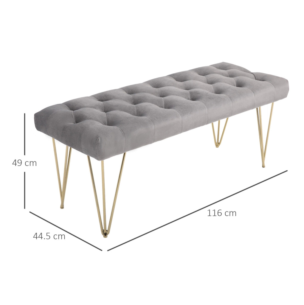 Panca imbottita in velluto grigio chiaro con struttura in ferro; 116 x 44;5 x 49 cm