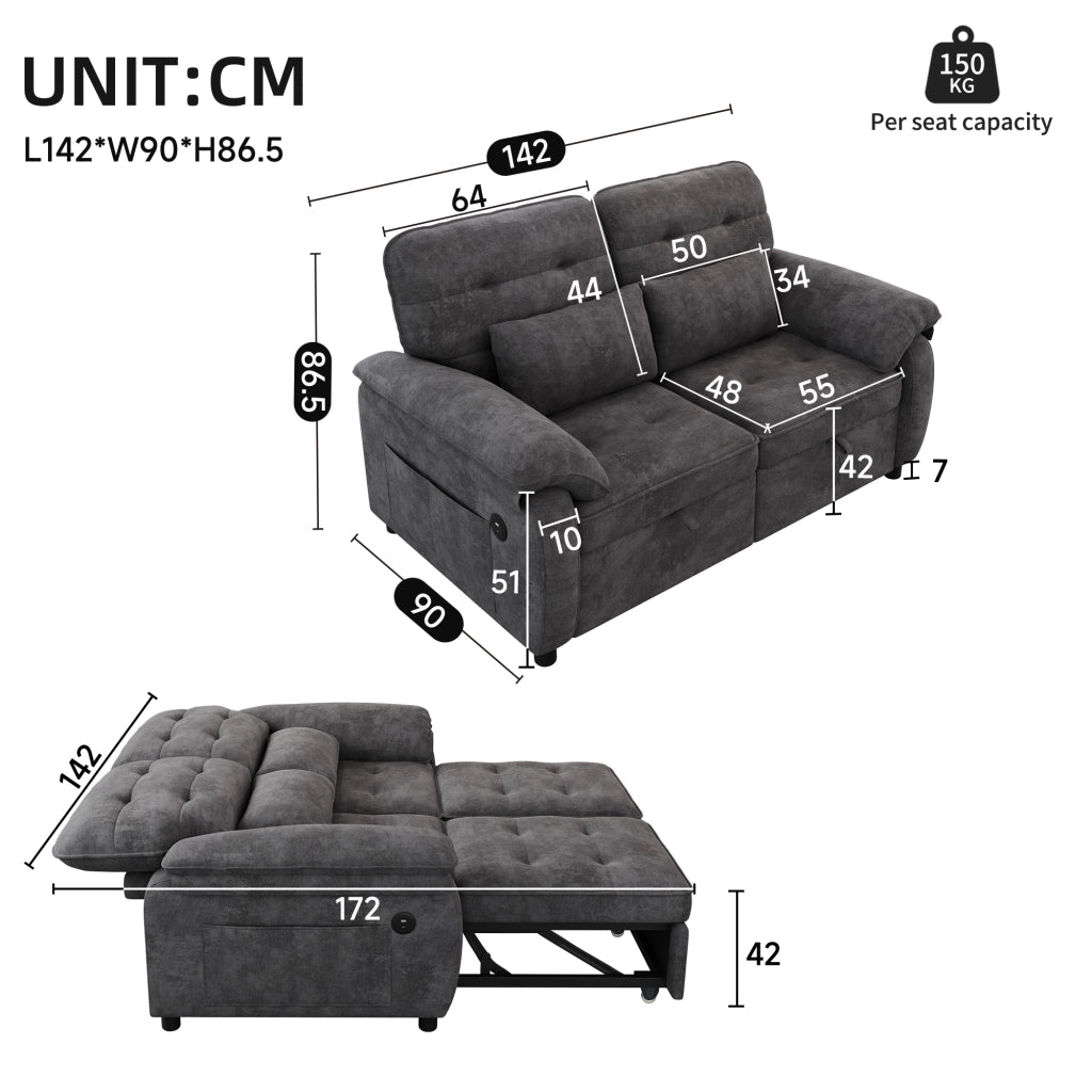 Divano letto 2 posti 3 in 1 con schienale regolabile prese USB e Type-C in ciniglia grigio con 2 cuscini