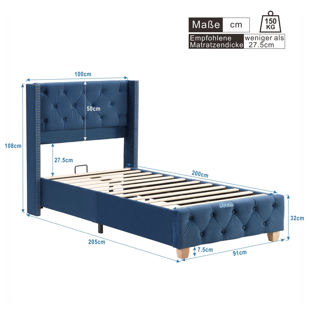 Letto per bambini imbottito 90x200 cm con rete a doghe; testiera capitonné e velluto blu