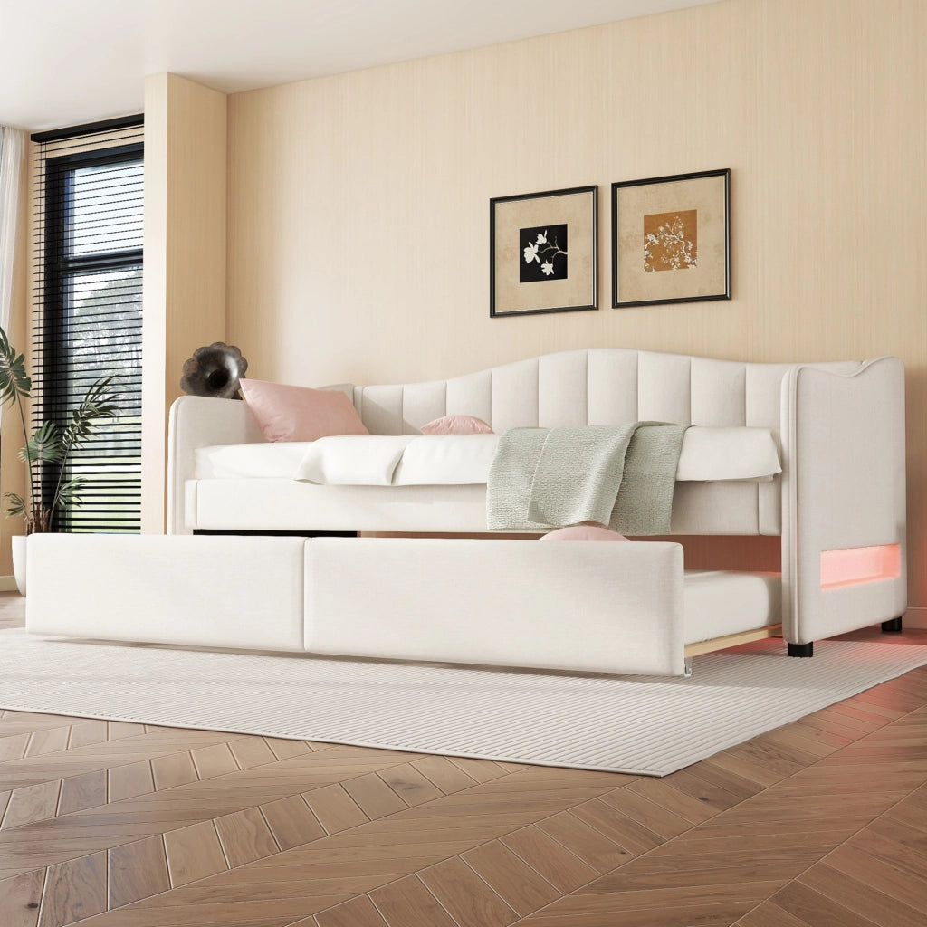 Letto Giorno 90x200 cm con Letto Estraibile, Divano Letto Singolo in Lino Beige Senza Materasso, Illuminazione Ambientale