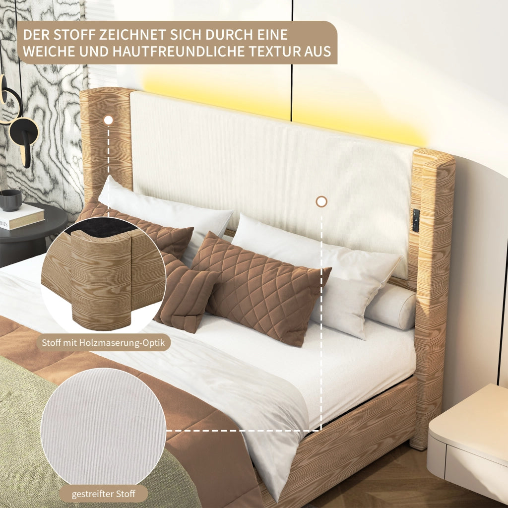 Letto contenitore 180 × 200 cm con sollevamento idraulico 750 N LED a 7 colori telecomando beige