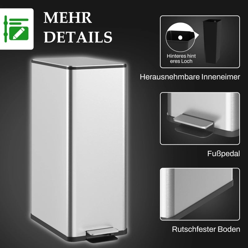 Pattumiera a pedale 20 l in acciaio inox argento con coperchio; secchio interno estraibile e chiusura silenziosa