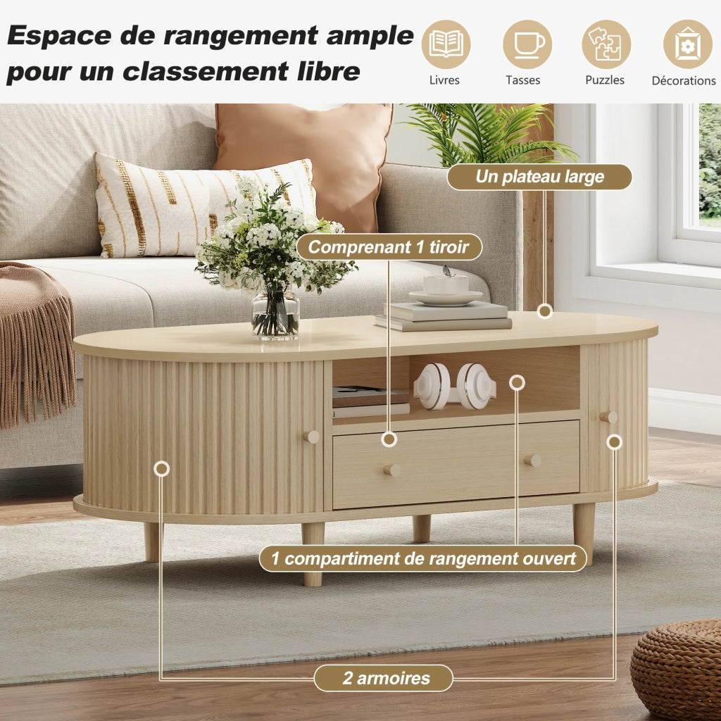 Tavolino da salotto ovale con cassetto, vano aperto e 2 ante a rullo per soggiorno, in mdf rovere, 100 × 50 × 36 cm