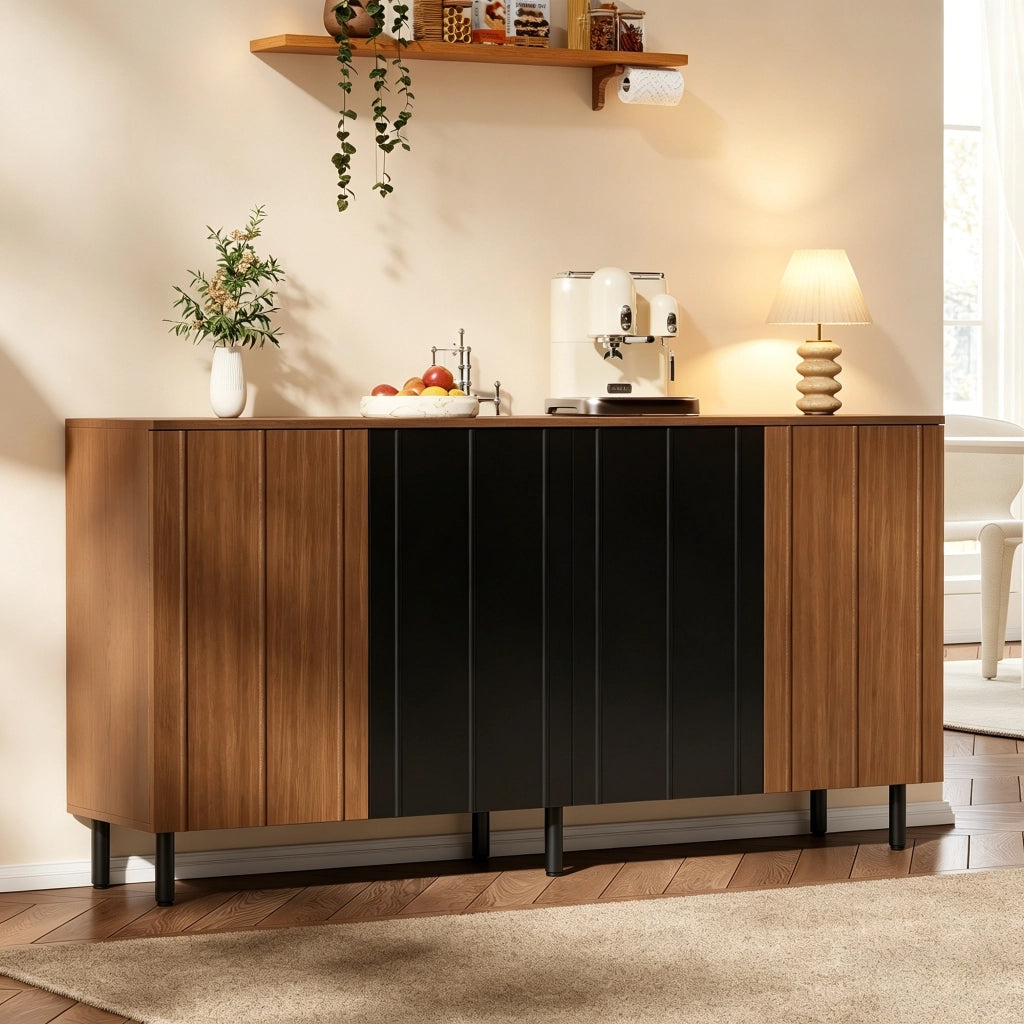 Credenza con 4 ante e ripiani regolabili per cucina e sala da pranzo, in truciolare noce e nero, 160 × 35 × 80 cm