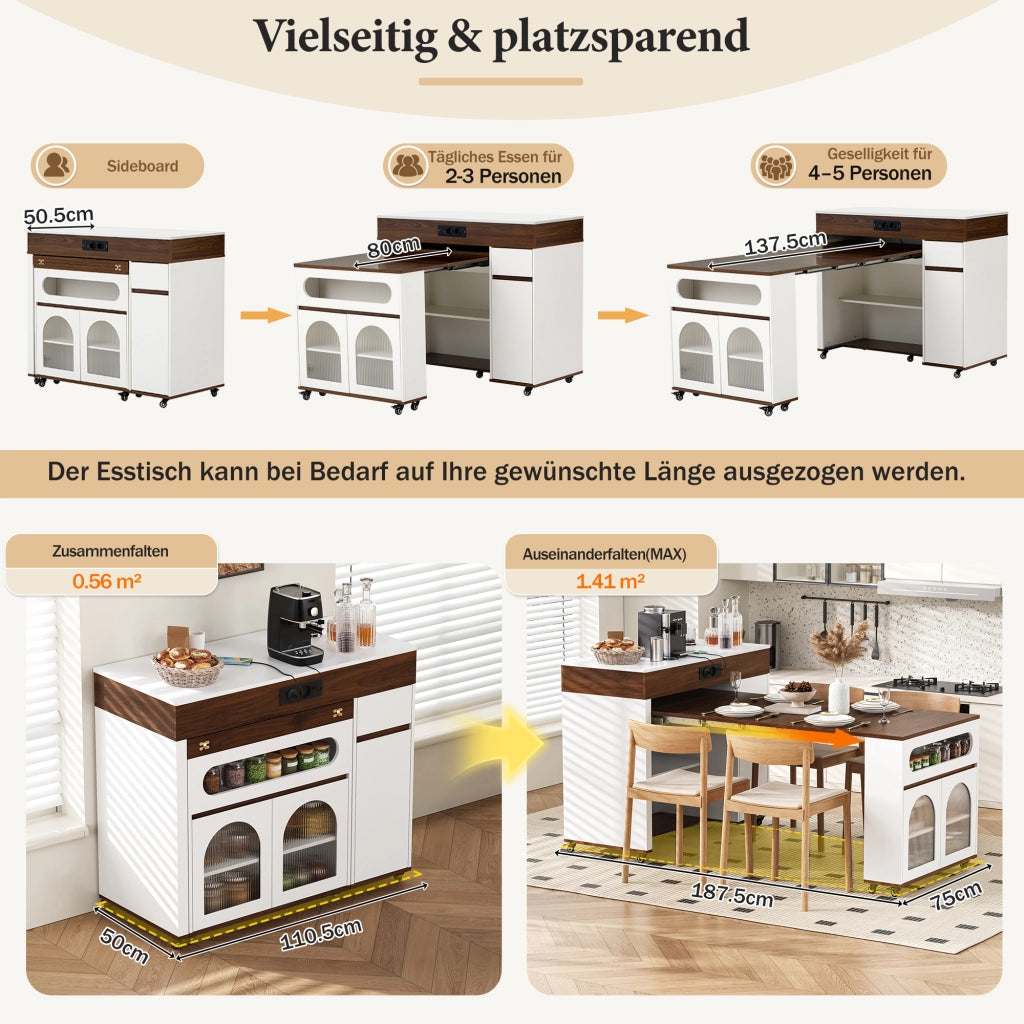 Tavolo allungabile in MDF con prese integrate; ruote e ante in vetro; bianco e noce