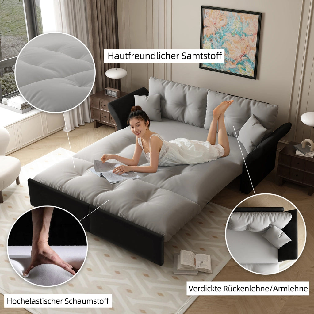 Divano letto estraibile 3-in-1 Queen size 190 cm in velluto grigio chiaro con due cuscini