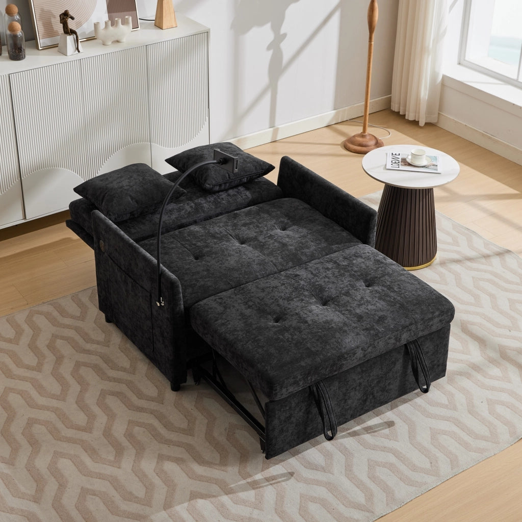 Divano per piccoli spazi in tessuto effetto lino spazzolato nero con porta USB e supporto tablet 83;5 × 109 × 72 cm