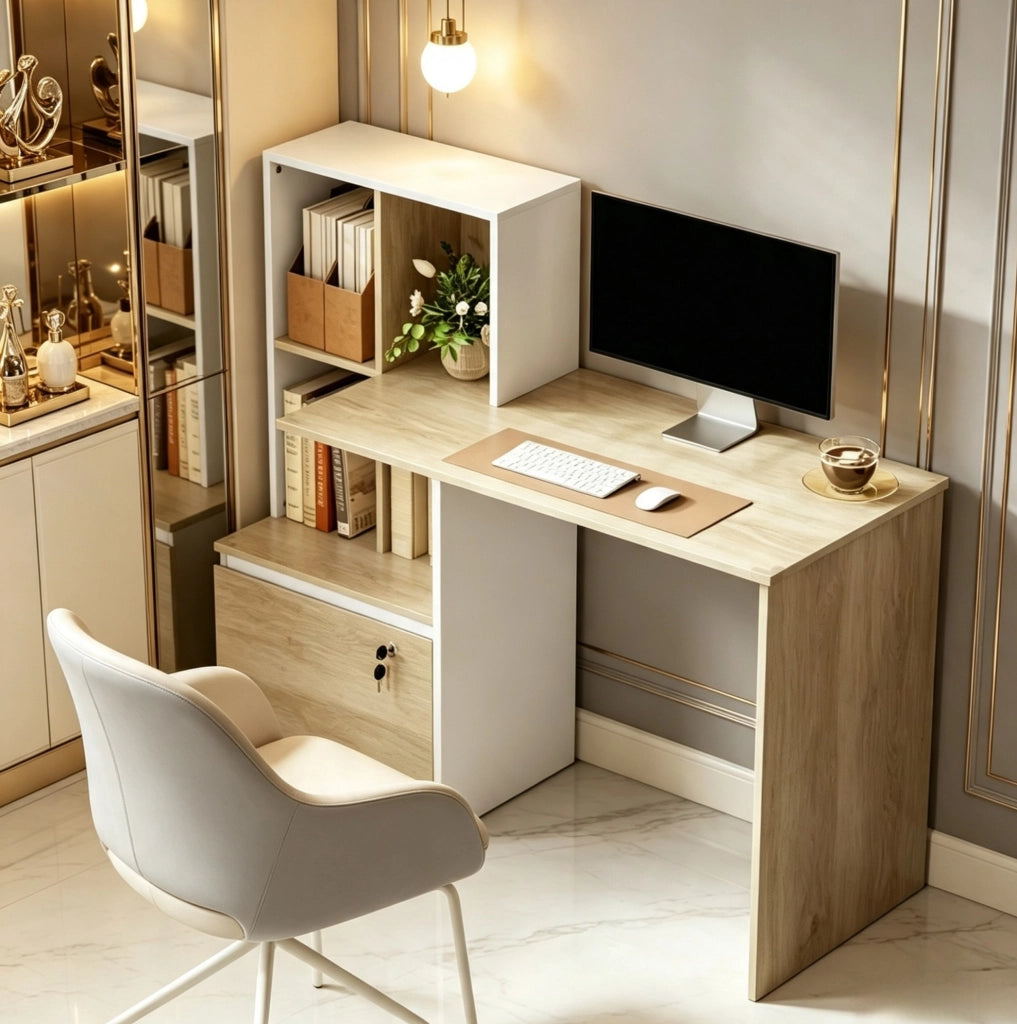 Scrivania per computer con libreria a 4 scomparti e cassetto chiudibile, colore quercia e bianco, 126x50x109 cm