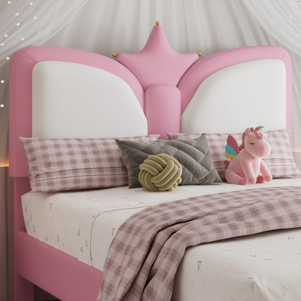 Letto singolo 90 × 200 cm con testiera a corona morbida in PU rosa e bianco