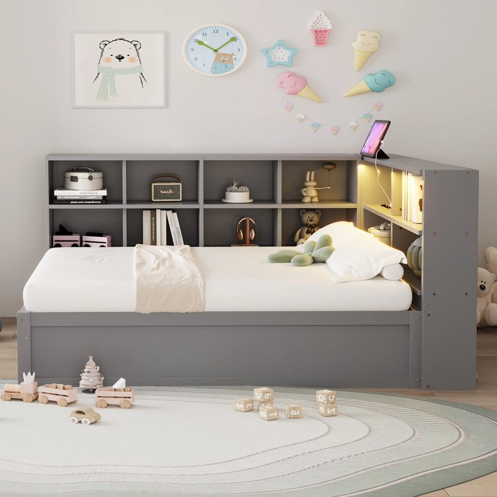 Letto singolo 90 × 200 cm con vano contenitore idraulico prese integrate e LED controllabile in legno grigio