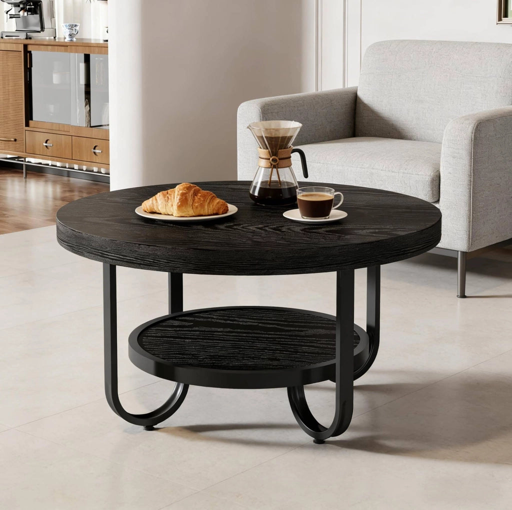 Tavolino da caff¨¨ rotondo a 2 livelli ?79 cm in MDF e metallo nero