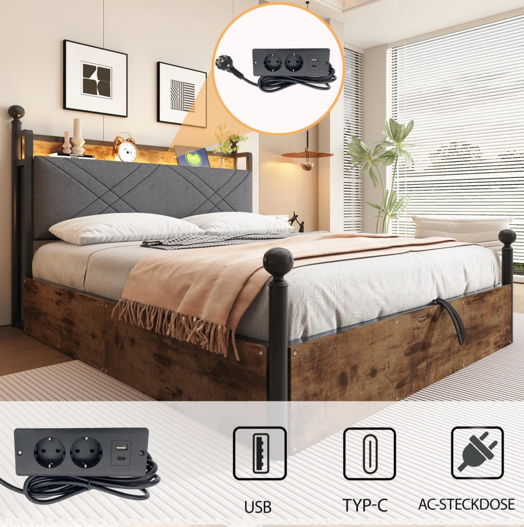 Letto multifunzionale 140x190 cm in ferro; baldacchino removibile; LED; USB e Type-C; nero