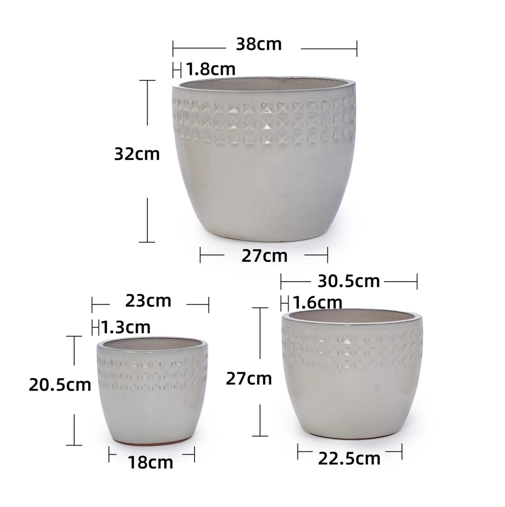Set di 3 vasi in ceramica fatti a mano, smalto lucido crema con rilievo a cialda triangolare, Ø 38/30,5/23 cm, con foro di drenaggio, resistenti al gelo per interno e balcone