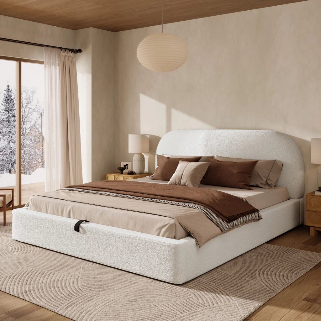 Letto matrimoniale imbottito con contenitore idraulico rete a doghe testiera in boucl¨¦ beige lavabile