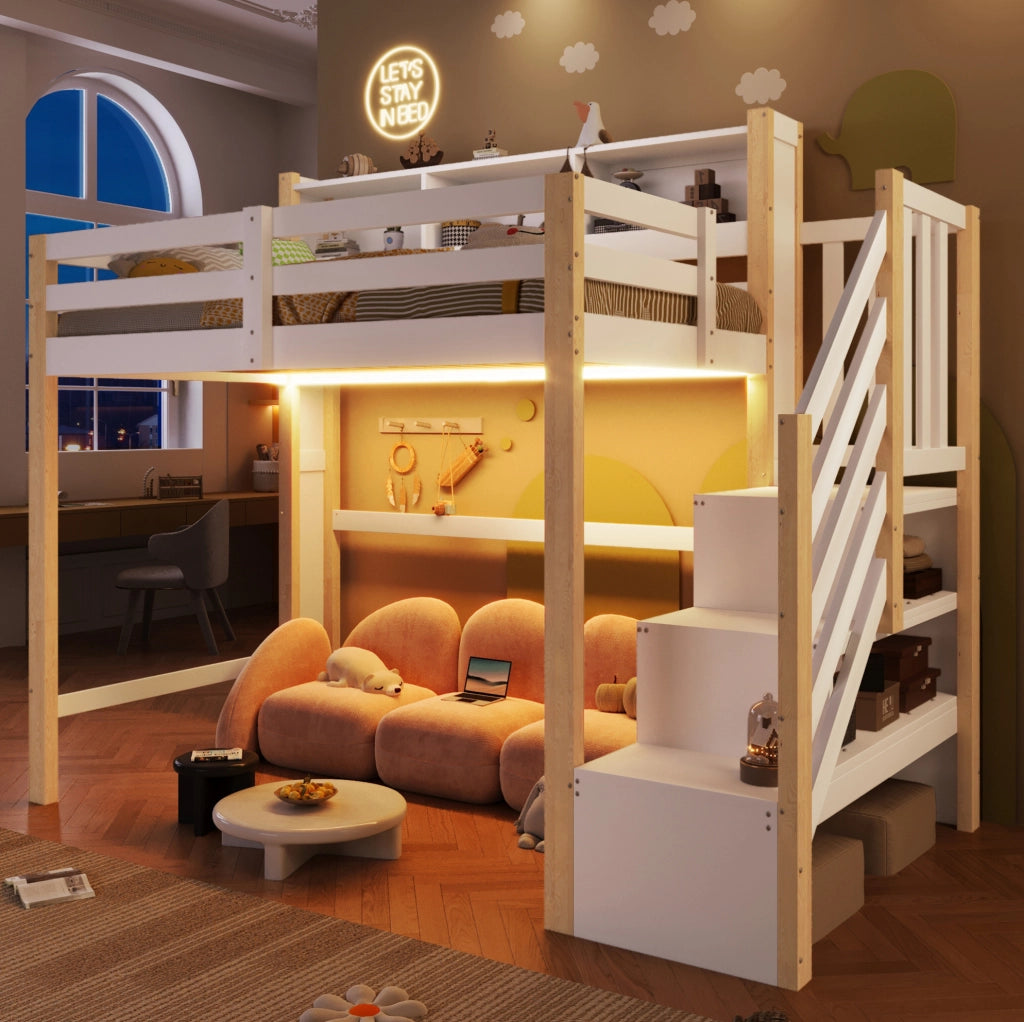 Letto a soppalco 90x200 cm con LED e scala contenitore