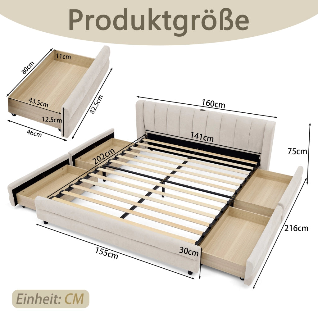 Letto matrimoniale 140 x 200 cm con 4 cassetti e porta USB, letto matrimoniale con rete a doghe, in ciniglia beige, materasso non incluso