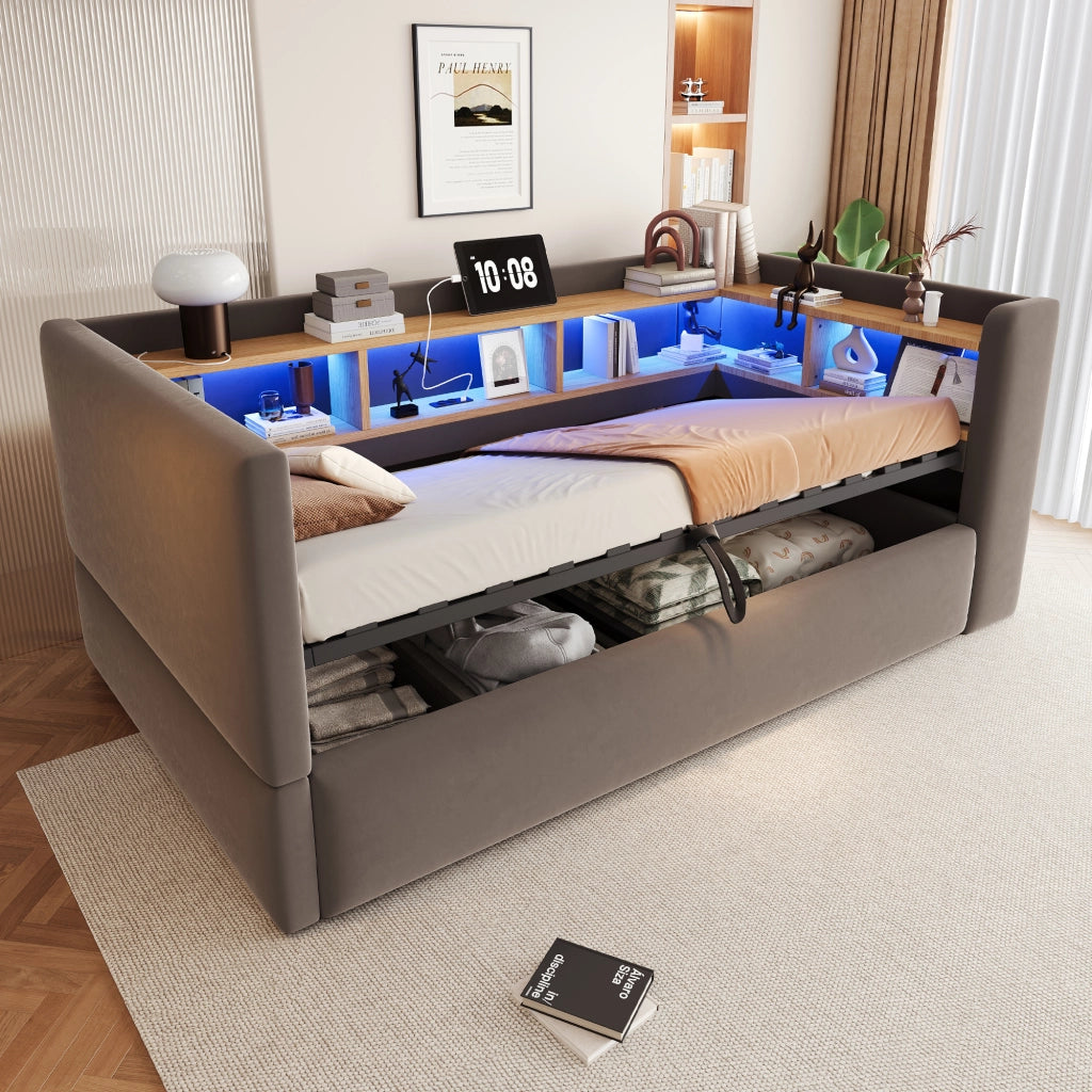Divano-letto imbottito 90x190 cm grigio scuro con contenitore idraulico, luci LED, prese e vani portaoggetti