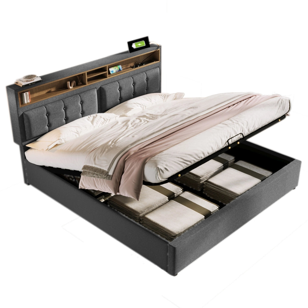 Letto matrimoniale 160×200 cm con vano contenitore, prese e testiera regolabile, senza materasso, grigio