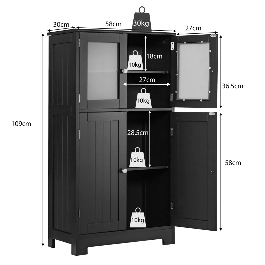 Mobile Alto da Bagno a Colonna in Legno MDF e Vetro Nero con Ante e Ripiano Regolabile Salvaspazio per Casa