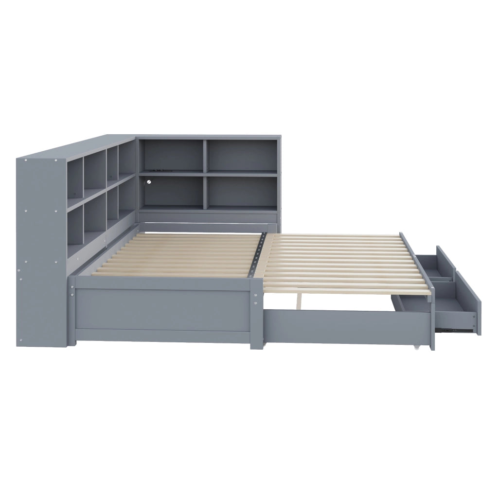 Letto estraibile singolo 90/180×190 cm con vani; cassetti e presa multiuso; senza materasso; legno; grigio