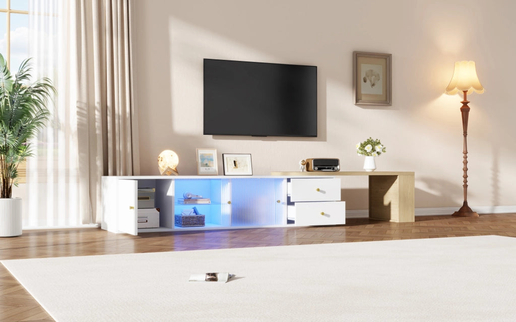 Mobile TV ULEVR estensibile 175x40x35,5 cm con LED RGB, 2 cassetti e ante scorrevoli in vetro, bianco e naturale