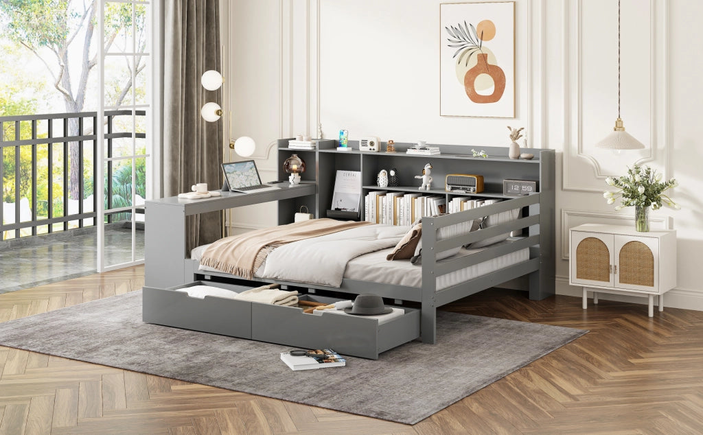 Divano Letto in Legno Massello 140x200 cm con Scrivania, Libreria, Ripiani e Presa di Corrente, Grigio