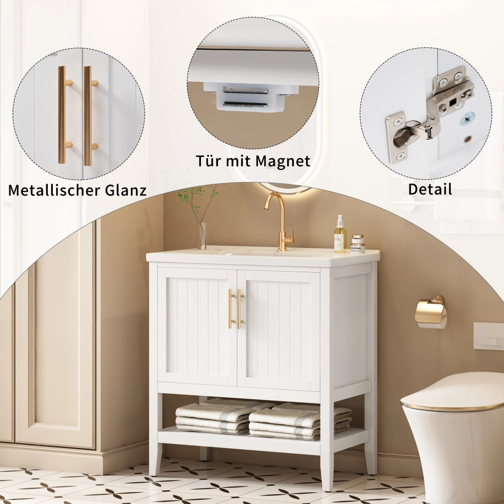 Mobiletto con lavabo in ceramica con mobile a terra in MDF bianco