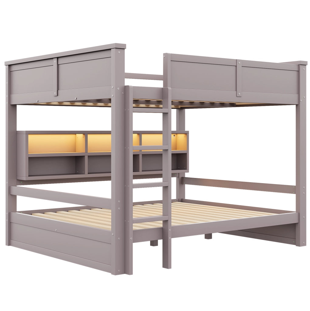 Letto a castello 160x200 cm con armadietti contenitori e illuminazione LED, marrone