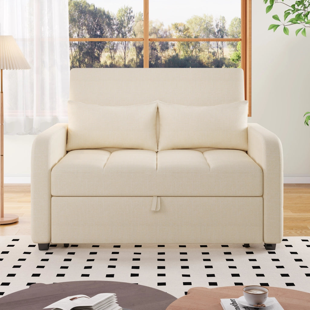 Divano Letto 2 Posti con Schienale Regolabile in 3 Posizioni e 2 Cuscini, Schiuma Beige 127 × 75 × 94 cm
