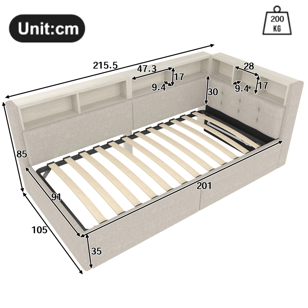 Letto divano 90 × 200 cm singolo con contenitore idraulico; LED regolabile; USB e Type-C; senza materasso; beige