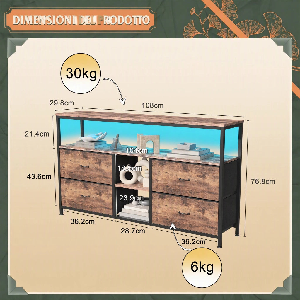 Mobile Porta TV 108x29x76 cm, Mobile Contenitore Soggiorno con 2 Ripiani e 4 Cassetti, Luci LED RGB per Soggiorno, Camera da Letto, Effetto Legno