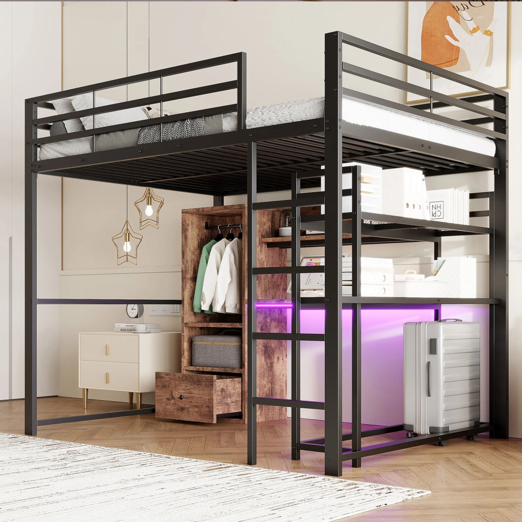 Letto a soppalco 140 × 200 cm con scrivania LED 16 colori cassetto ripiani in metallo e MDF nero