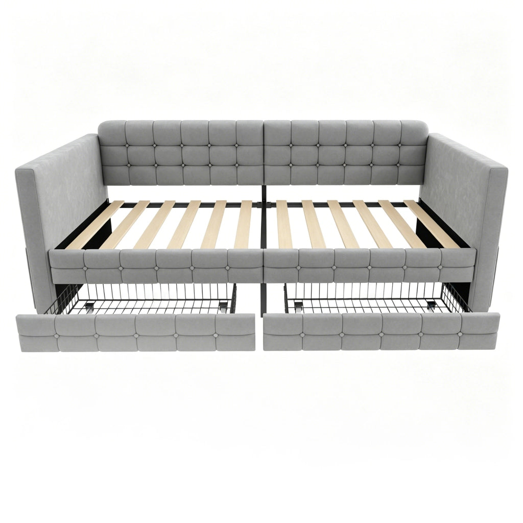 Letto con cassetti 90 × 190 cm imbottito con tasche laterali due cassetti e rete a doghe in velluto grigio chiaro
