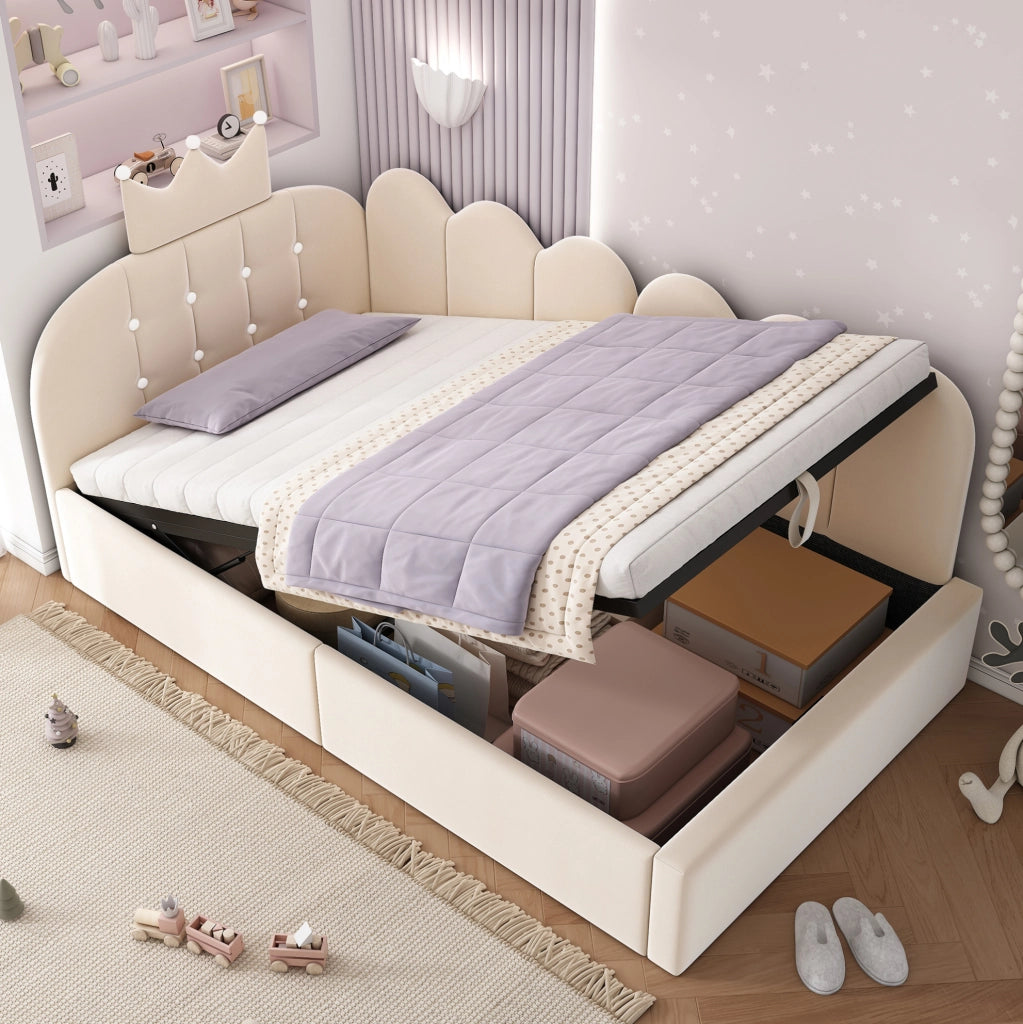 Letto singolo a divano 90x200 cm in velluto beige con contenitore idraulico HOMVRA