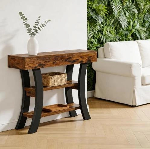 Tavolo consolle 105x30x80 cm con 3 ripiani in MDF e metallo nero e marrone rustico