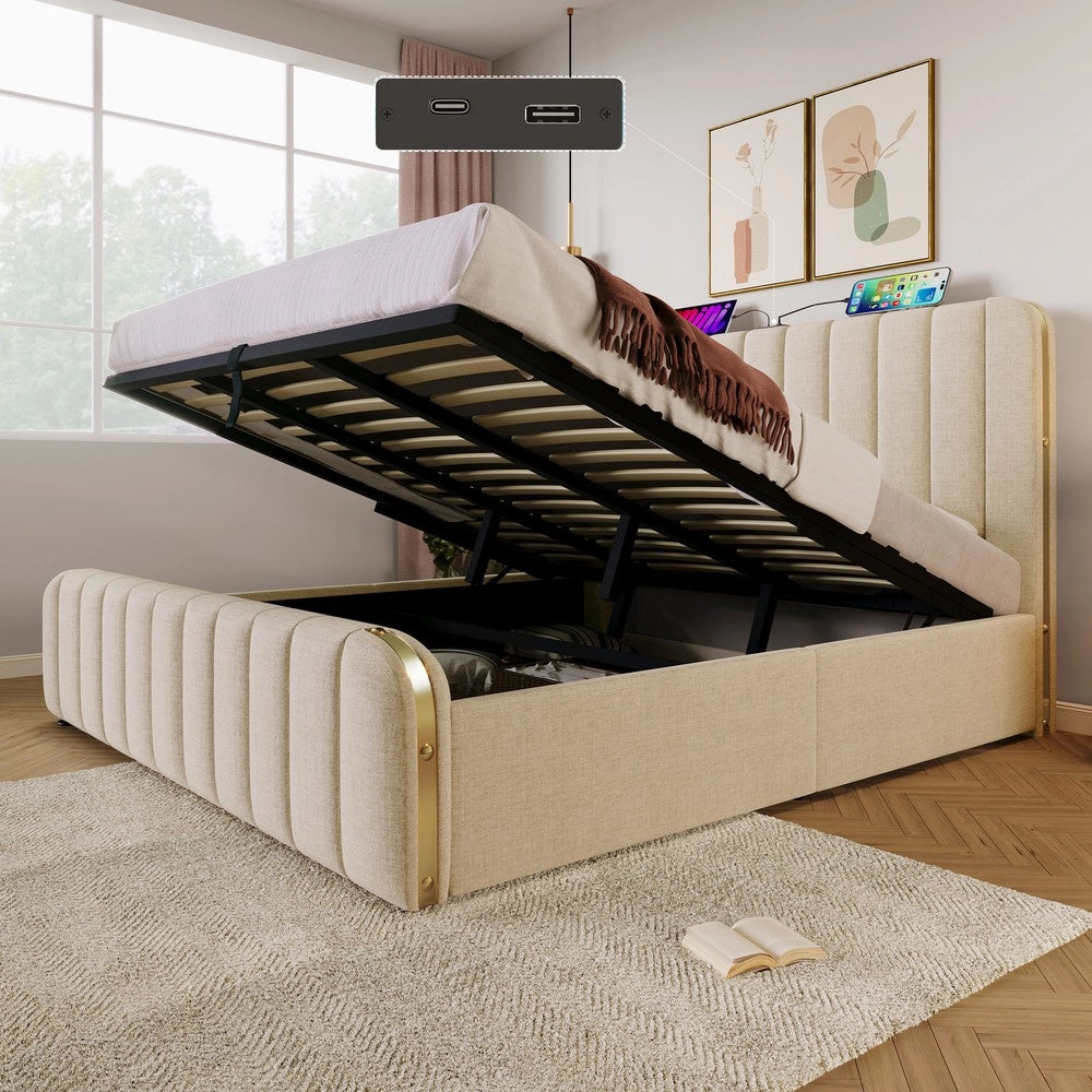 Letto Contenitore Imbottito con Materasso ¨C MINIMAL ¨C Beige, Idraulico, USB, 180x200