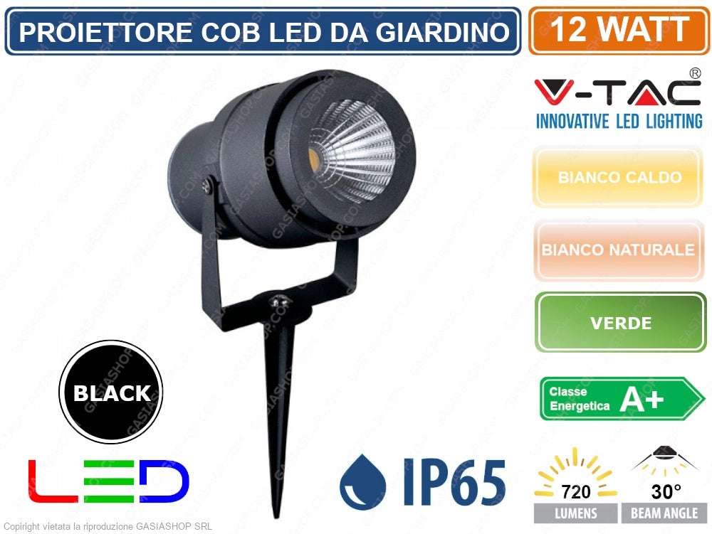 V-TAC VT-857 FARETTO LED COB DA GIARDINO 12W CON PICCHETTO COLORE NERO - Colore Luce:Bianco Caldo