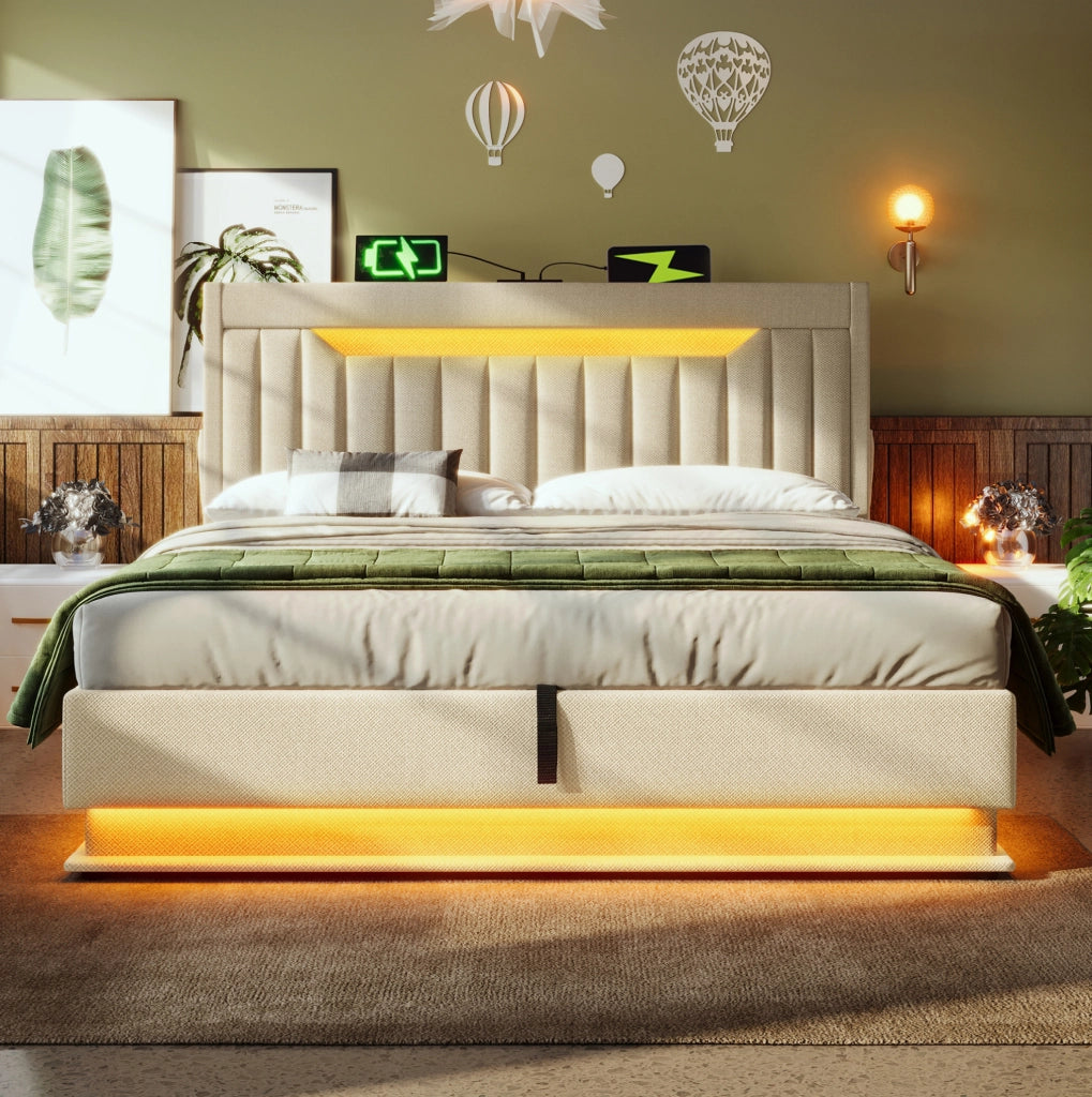 Letto matrimoniale 140x200 cm in lino beige con LED, USB e materasso
