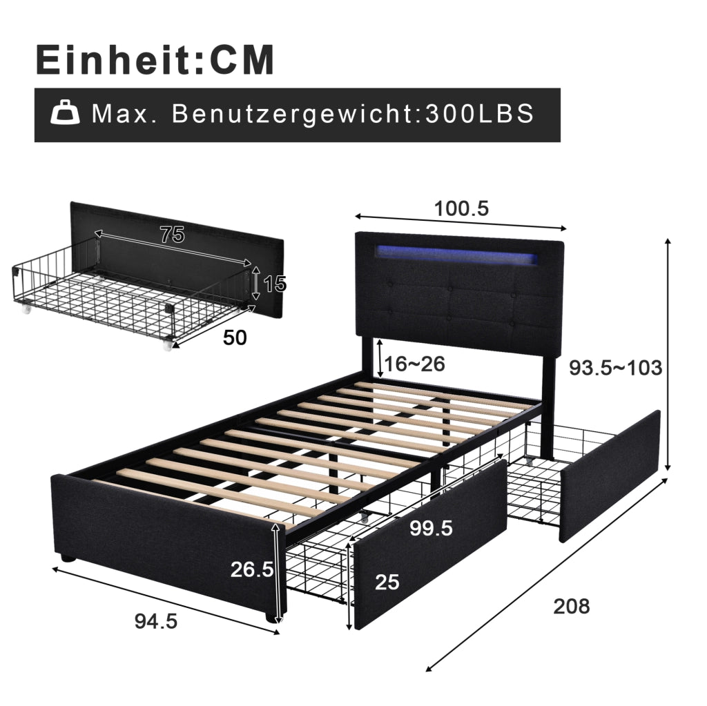 Letto singolo imbottito 90x200 cm con LED e 2 cassetti nero