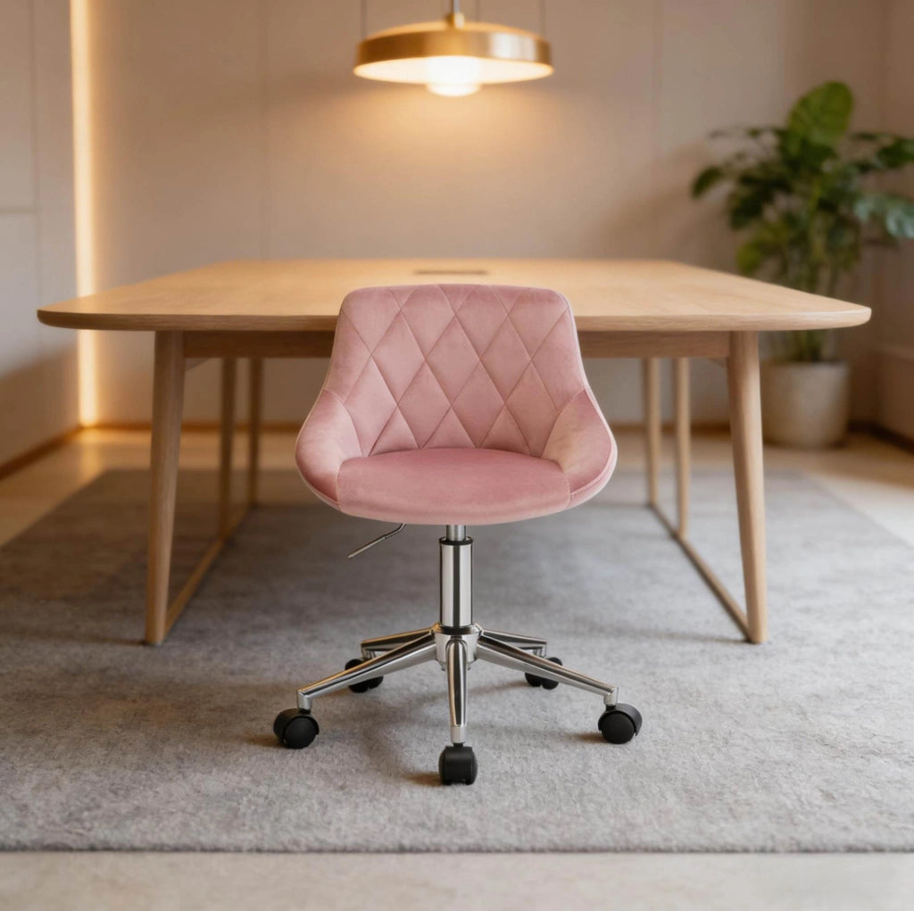 Sedia da ufficio girevole in velluto rosa con ruote e base in metallo, altezza regolabile