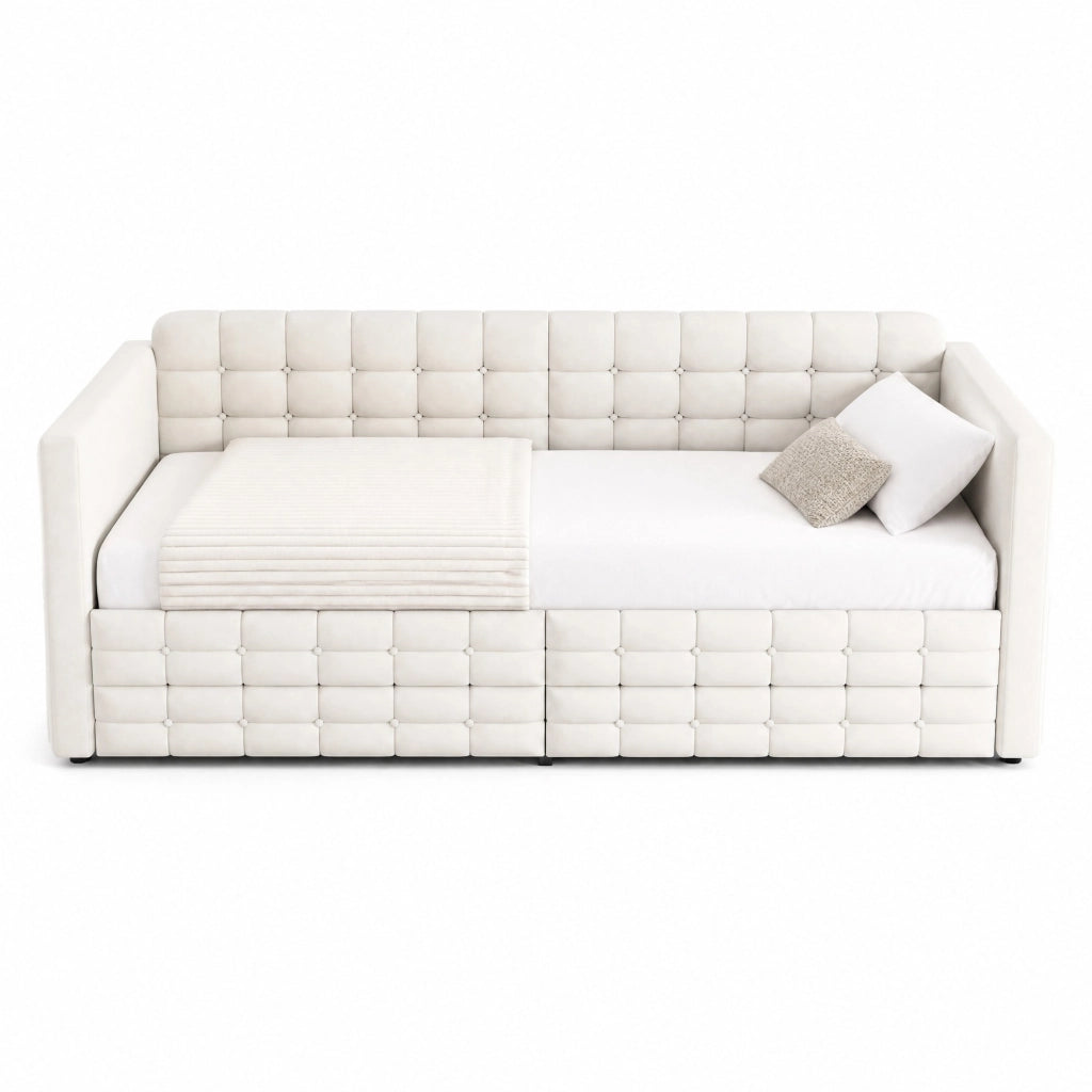 Letto imbottito 90x190 cm beige in velluto con cassetti e tasche laterali