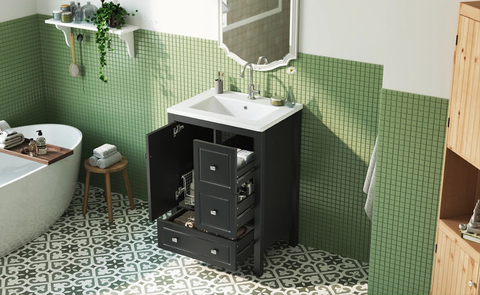 Mobile bagno nero 62x47x90 cm con lavabo in ceramica e ampio spazio contenitivo